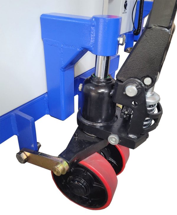 The iDEAL LT-PT3300DC-X is a 3,300 lb. portable, high-rise commercial / industrial grade 12V DC battery powered electric-hydraulic lift table, incorporating a multi-adjustable powertrain platform primarily designed to assist with controlled lifting & lowering tasks to safely remove, replace or service heavy vehicle powertrain components such as engines, transmissions, drive-axle & transaxle assemblies, or other similar heavy components. The LT-PT3300DC-X comes standardly equipped with a durable powertrain platform that includes extendable length, tilt & height adjustments, while also incorporating a fully operational remote hand controller & control box panel buttons for dual operational control operations. Also included is a high quality deep-cycle 12V DC sealed battery, integrated battery charger and 12V DC auxiliary outlet port. In addition, the iDEAL Powertrain 3300 lb. lift table comes standard with a pallet jack dolly with poly casters, leg support stands, front locking swivel & directional poly casters, tool tray, double lift scissors, powerful DC electric motor, dual hydraulic cylinders, tie-down anchors, and heavy duty ratchet strap. Optional Accessories include a ‘quick mount’ PT Support Stand Kit & 12V DC LED Spot Light with magnetic base. - Image 6