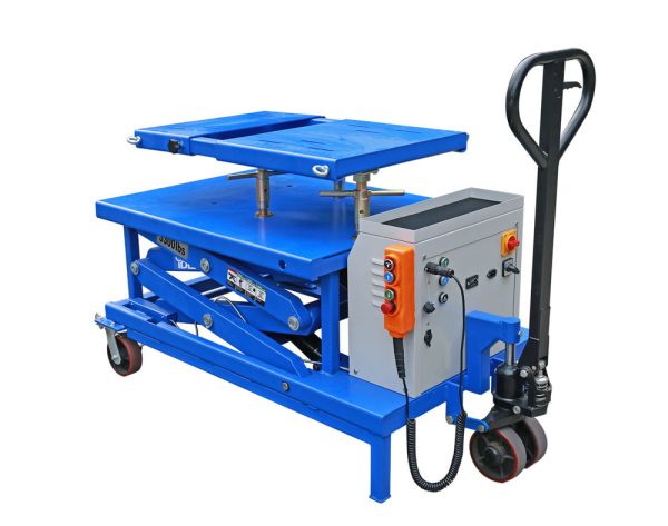 The iDEAL LT-PT3300DC-X is a 3,300 lb. portable, high-rise commercial / industrial grade 12V DC battery powered electric-hydraulic lift table, incorporating a multi-adjustable powertrain platform primarily designed to assist with controlled lifting & lowering tasks to safely remove, replace or service heavy vehicle powertrain components such as engines, transmissions, drive-axle & transaxle assemblies, or other similar heavy components. The LT-PT3300DC-X comes standardly equipped with a durable powertrain platform that includes extendable length, tilt & height adjustments, while also incorporating a fully operational remote hand controller & control box panel buttons for dual operational control operations. Also included is a high quality deep-cycle 12V DC sealed battery, integrated battery charger and 12V DC auxiliary outlet port. In addition, the iDEAL Powertrain 3300 lb. lift table comes standard with a pallet jack dolly with poly casters, leg support stands, front locking swivel & directional poly casters, tool tray, double lift scissors, powerful DC electric motor, dual hydraulic cylinders, tie-down anchors, and heavy duty ratchet strap. Optional Accessories include a ‘quick mount’ PT Support Stand Kit & 12V DC LED Spot Light with magnetic base. - Image 7