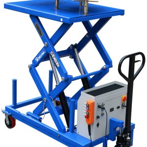 The iDEAL LT-PT3300DC-X is a 3,300 lb. portable, high-rise commercial / industrial grade 12V DC battery powered electric-hydraulic lift table, incorporating a multi-adjustable powertrain platform primarily designed to assist with controlled lifting & lowering tasks to safely remove, replace or service heavy vehicle powertrain components such as engines, transmissions, drive-axle & transaxle assemblies, or other similar heavy components. The LT-PT3300DC-X comes standardly equipped with a durable powertrain platform that includes extendable length, tilt & height adjustments, while also incorporating a fully operational remote hand controller & control box panel buttons for dual operational control operations. Also included is a high quality deep-cycle 12V DC sealed battery, integrated battery charger and 12V DC auxiliary outlet port. In addition, the iDEAL Powertrain 3300 lb. lift table comes standard with a pallet jack dolly with poly casters, leg support stands, front locking swivel & directional poly casters, tool tray, double lift scissors, powerful DC electric motor, dual hydraulic cylinders, tie-down anchors, and heavy duty ratchet strap. Optional Accessories include a ‘quick mount’ PT Support Stand Kit & 12V DC LED Spot Light with magnetic base.