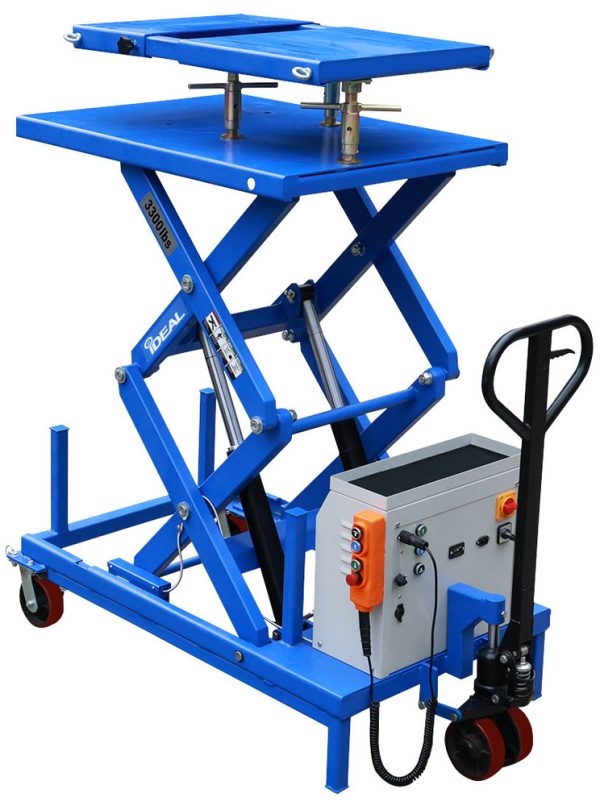 The iDEAL LT-PT3300DC-X is a 3,300 lb. portable, high-rise commercial / industrial grade 12V DC battery powered electric-hydraulic lift table, incorporating a multi-adjustable powertrain platform primarily designed to assist with controlled lifting & lowering tasks to safely remove, replace or service heavy vehicle powertrain components such as engines, transmissions, drive-axle & transaxle assemblies, or other similar heavy components. The LT-PT3300DC-X comes standardly equipped with a durable powertrain platform that includes extendable length, tilt & height adjustments, while also incorporating a fully operational remote hand controller & control box panel buttons for dual operational control operations. Also included is a high quality deep-cycle 12V DC sealed battery, integrated battery charger and 12V DC auxiliary outlet port. In addition, the iDEAL Powertrain 3300 lb. lift table comes standard with a pallet jack dolly with poly casters, leg support stands, front locking swivel & directional poly casters, tool tray, double lift scissors, powerful DC electric motor, dual hydraulic cylinders, tie-down anchors, and heavy duty ratchet strap. Optional Accessories include a ‘quick mount’ PT Support Stand Kit & 12V DC LED Spot Light with magnetic base.