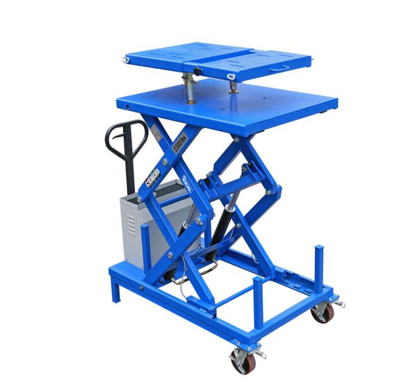 The iDEAL LT-PT3300DC-X is a 3,300 lb. portable, high-rise commercial / industrial grade 12V DC battery powered electric-hydraulic lift table, incorporating a multi-adjustable powertrain platform primarily designed to assist with controlled lifting & lowering tasks to safely remove, replace or service heavy vehicle powertrain components such as engines, transmissions, drive-axle & transaxle assemblies, or other similar heavy components. The LT-PT3300DC-X comes standardly equipped with a durable powertrain platform that includes extendable length, tilt & height adjustments, while also incorporating a fully operational remote hand controller & control box panel buttons for dual operational control operations. Also included is a high quality deep-cycle 12V DC sealed battery, integrated battery charger and 12V DC auxiliary outlet port. In addition, the iDEAL Powertrain 3300 lb. lift table comes standard with a pallet jack dolly with poly casters, leg support stands, front locking swivel & directional poly casters, tool tray, double lift scissors, powerful DC electric motor, dual hydraulic cylinders, tie-down anchors, and heavy duty ratchet strap. Optional Accessories include a ‘quick mount’ PT Support Stand Kit & 12V DC LED Spot Light with magnetic base. - Image 9