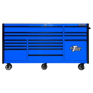 Extreme Tools RXQ Series 84" 16-Drawer Roller Cabinet - Black w/Blue Drawer Pulls