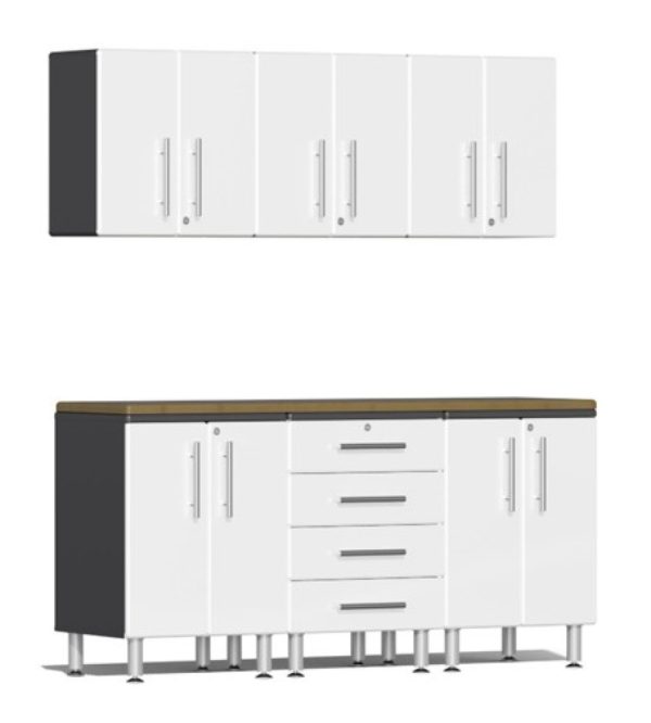 Ulti-MATE Garage 2.0 Series White Metallic 7-Piece Set with Bamboo Worktop