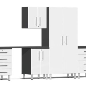 Ulti-MATE Garage 2.0 Series White Metallic 10-Piece Set with Dual Workstation