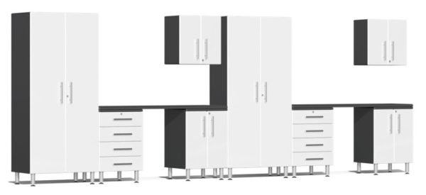 Ulti-MATE Garage 2.0 Series White Metallic 10-Piece Set with Dual Workstation
