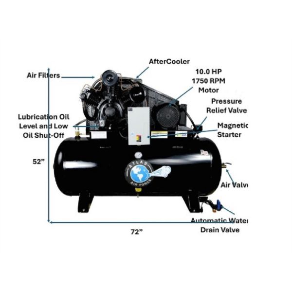 Atlas 10HP 3Phase 120 Gallon Horizontal Air Compressor - Image 3
