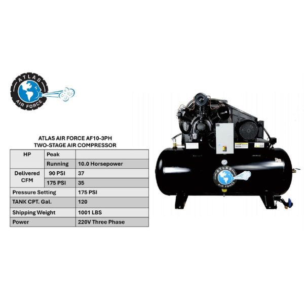 Atlas 10HP 3Phase 120 Gallon Horizontal Air Compressor - Image 5