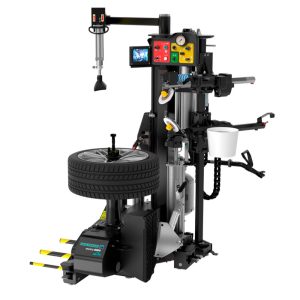 MANUAL CENTER-POST CLAMP This design offers an array of essential benefits, with paramount importance placed on the significant reduction of potential wheel damage, as well as reduced clamping constraint in contrast to the turntable design.  CONTROL PANEL The user-friendly control panel employs a color-coded layout and tool-matching controls to ensure easy navigation.  DYNAMIC BEAD BREAKER The precisely calibrated synchronized dual-disk system thoroughly aligns both upper and lower tire beads, ensuring unparalleled precision and reducing the potential for wheel damage. Adjustable tilt feature included for tires with a stiff sidewall.  PNEUMATIC BEAD PUSHER The Pneumatic Bead Pusher is designed with a reverse-side hook to assist in lifting heavy tires, efficiently facilitating the mounting process of the upper bead.  PNEUMATIC WHEEL LIFT Utilizing pneumatic power, the pedal-operated wheel lift facilitates the lifting of heavy wheels, effectively minimizing technician fatigue and increasing overall productivity.  POWERMONT™ This leverless mounting and demounting tool is designed to coordinate seamlessly with the dynamic bead breaker, ensuring optimal positioning. Engineered with upgraded steel and fortified plastic protection, its durability is unparalleled, even over the long term. This innovative system is ideally suited for a diverse range of tire types.  SMARTSPEED™ This revolutionary, patent-protected technology optimizes the applied torque on the wheel and automatically establishes the maximum rotational speed of the wheel.  TOP-SIDE BEAD SEATER This ergonomic precision tool quickly injects compressed air into a tire, ensuring the bead seals tightly onto the rim.   15" | 38cm Max. Wheel Width   47" | 119cm Max. Wheel Diameter   230V 1Ph 60Hz Power Supply   75”x63”x78” | 190x160x198cm Dimensions HxWxD   30" | 76cm Max. Rim Diameter   13" | 33cm Max. Rim Width   154 lbs. | 70 kg Wheel Lift Capability   116-174 PSI | 8-12 bar Air Pressure Required